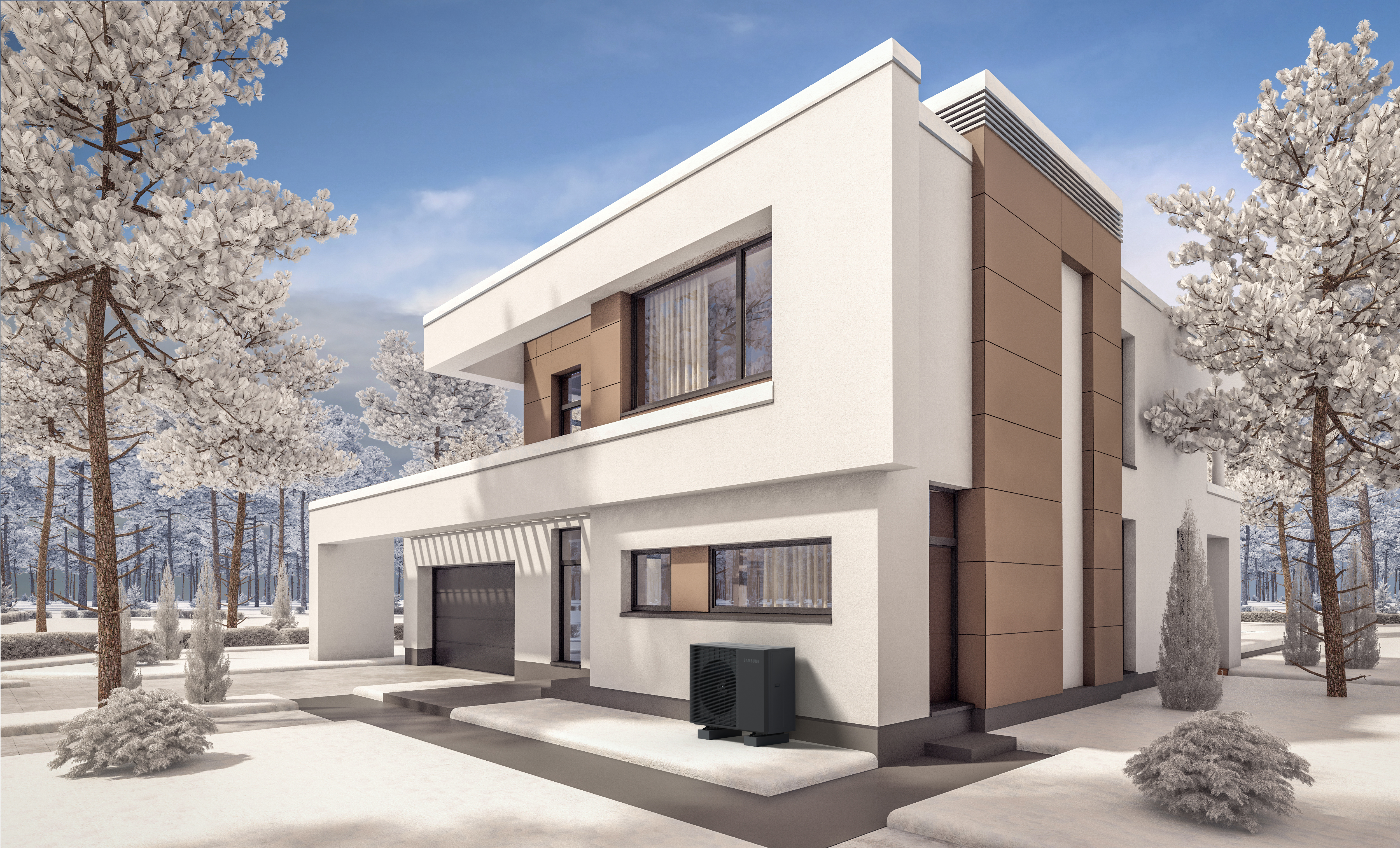 3d rendering of modern cozy house with garage for sale or rent with many snow on lown. Clear sunny winter day with cloudless sky.